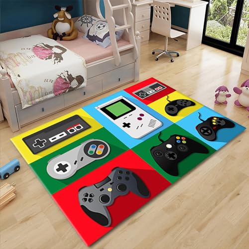 Covebett Teppich Gamer Junge Bunt 3D Controller Gaming Muster Modern Kurzflor Flauschig Rug Antirutschunterlage Waschbarer rutschfeste Teenager Kinderzimmer Schlafzimmer Wohnzimmer Carpet 80x120 cm von Covebett