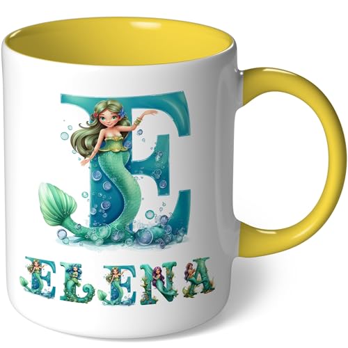 Personalisierte Tasse mit Namen - Motiv Meerjungfrau - Geschenk Kaffeetasse Namenstasse für Mädchen Frauen Kindertasse Geburtstagsgeschenk Geburtstag Kaffeebecher (Weiß - Gelb Bild13) von CoverHeld