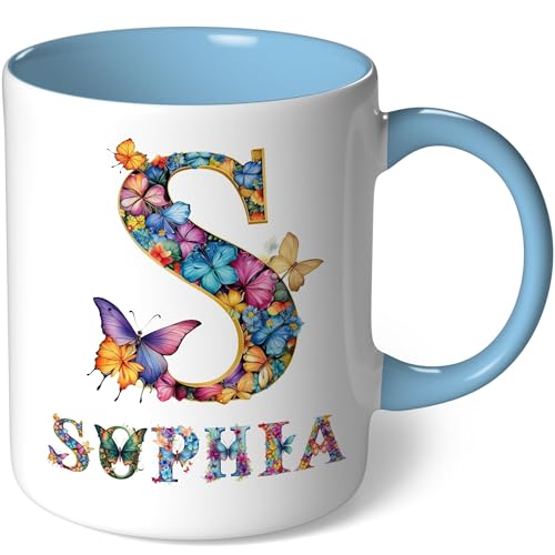 Personalisierte Tasse mit Namen - Motiv Schmetterlinge - Geschenk Kaffeetasse Namenstasse für Frauen Mädchen Geburtstagsgeschenk Geburtstag Teetasse Kaffeebecher (Weiß- Hellblau Bild15) von CoverHeld