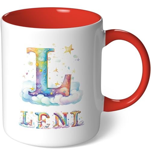 Personalisierte Tasse mit Namen - Regenbogen Sterne - Geschenk Kaffeetasse Namenstasse selbst gestalten personalisieren bedrucken Geburtstag Becher Teetasse Kaffeebecher (Weiß - Rot Bild28) von CoverHeld