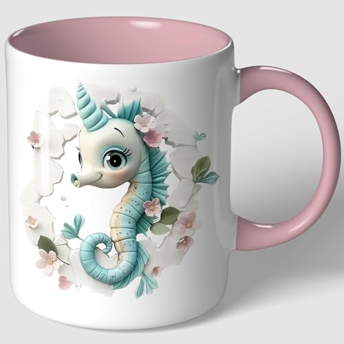 Tasse mit Motiv süßes Seepferdchen Hellblau mit Blüten Geschenk Kaffeetasse Lustig Geschenkidee Geburtstagsgeschenk Kindergeburtstag Kaffeebecher (Weiß - Rosa Bild2) von CoverHeld