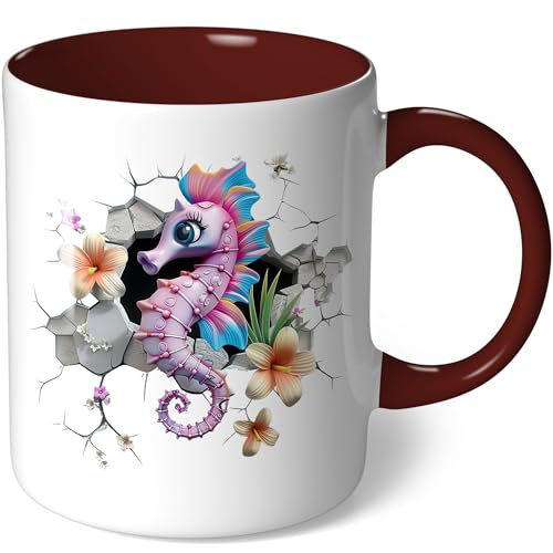 Tasse mit Motiv süßes Seepferdchen Lila mit Blüten Geschenk Kaffeetasse Lustig Geschenkidee Geburtstagsgeschenk Kindergeburtstag Kaffeebecher (Weiß - Bordeaux Bild3) von CoverHeld