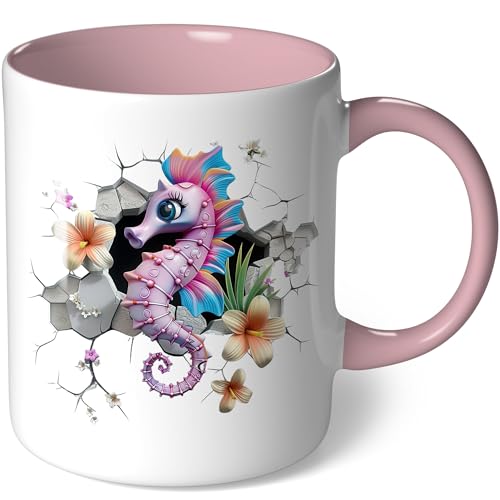 Tasse mit Motiv süßes Seepferdchen Lila mit Blüten Geschenk Kaffeetasse Lustig Geschenkidee Geburtstagsgeschenk Kindergeburtstag Kaffeebecher (Weiß - Rosa Bild3) von CoverHeld