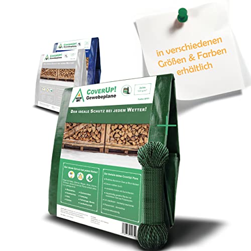 CoverUp! 2er Pack (2x3 m) Gewebeplane - Grün, 120g/m² - Beständigkeit durch verstärkte Gummiecken & rostfreie Ösen - Abdeckplane mit UV-Schutz - Plane inkl. 12 m Seil von CoverUp!