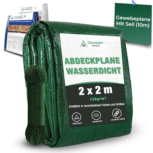 CoverUp! (2x2 m) Gewebeplane - Farbe: Grün, 120g/m² - Beständigkeit durch verstärkte Gummiecken & rostfreie Ösen - Abdeckplane mit UV-Schutz - Plane inkl. 10m Seil von CoverUp!