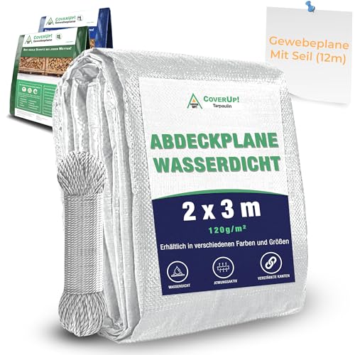 CoverUp! (2x3 m) Gewebeplane - Farbe: Weiß, 120g/m² - Beständigkeit durch verstärkte Gummiecken & rostfreie Ösen - Abdeckplane mit UV-Schutz - Plane inkl. 12m Seil von CoverUp!