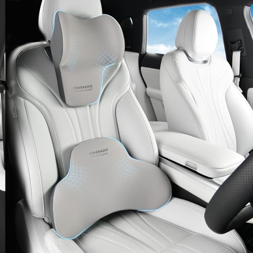 Coverado Sitzkissen und Hals Kissen für Bürostuhl und Autositz, Ergonomisches Memory-Schaum Rückenstütze Kissen und Kopfstütze Kissen für Auto, Ischias und Rücken und Tailbone Pain Relief Kissen von Coverado