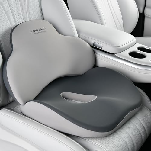 Coverado Sitzkissen und Lendenwirbelstützkissen einteilig für Bürostuhl und Autositz, Ergonomisches Memory-Schaum Rückenstütze Kissen, Ischias und Rücken und Tailbone Pain Relief Kissen von Coverado