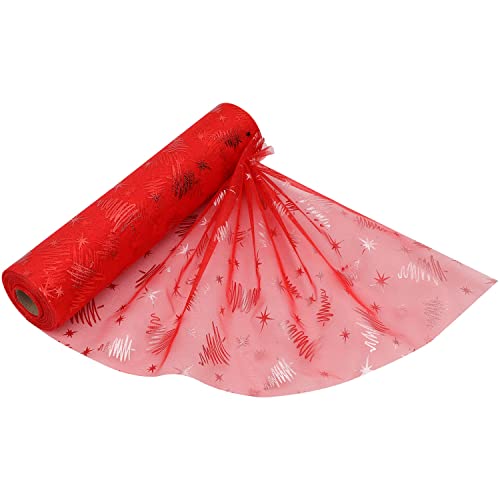 29 cm x 10 m Organza-Rolle mit Schneeflocken-Druck, durchscheinender Stoff, Glitzer-Rolle für Weihnachtsstuhlschleifen, Tischläufer, Kleider-Akzente, Bastelbedarf für Bänder, Partygeschenke, Rot von Covering All Occasions