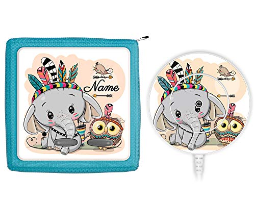 Coverlounge® Schutzfolie passend für die Toniebox und Ladestation mit Namen personalisiert | Kleiner Baby Elefant mit Eule Verkleidet als Indianer von Coverlounge