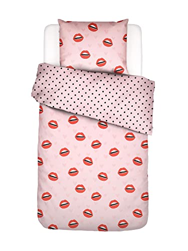 Covers & Co Bettwäsche Kiss My Sass Lippen Und Herzen Bio-Baumwolle Perkal (GOTS) Rose, 135x200 + 1x 80x80 cm von Covers & Co