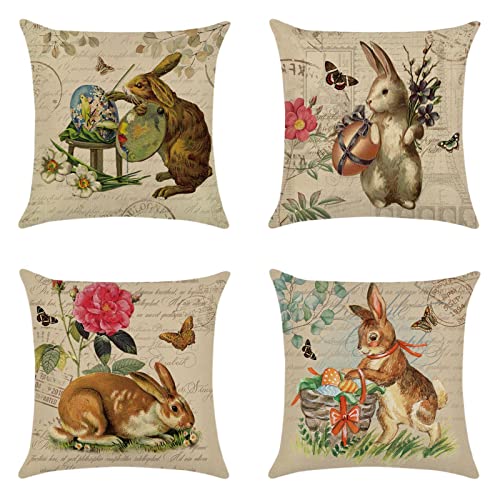 Coversolate 45x45 Ostern Deko Kissenhülle Leinen Kissenbezug Ostern Hase Tücherkranz Muster ZierKissenhülle Zierkissenbezug von Coversolate