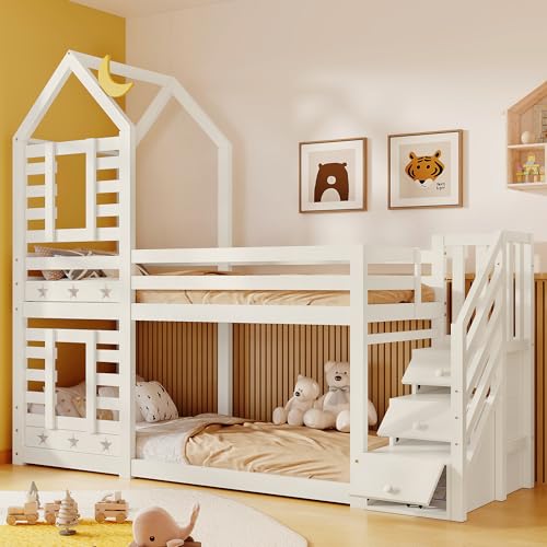 Covigorus Etagenbett mit Stauraum für Kinder, Einzelbett mit Fenster für Kinder, Doppelbett, 190 x 90 cm, massives Kiefernholz, 90 cm, Weiß Covigorus Etagenbett mit Stauraum für Kinder, Einzelbett mit Fenster für Kinder, Doppelbett, 190 x 90 cm, massives Kiefernholz, 90 cm, Weiß von Covigorus