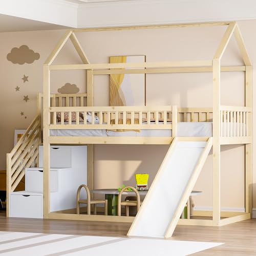 Covigorus Kinderhochbett 90x200 cm mit Rutsche und Stauraumleiter, Massivholz Etagenbett mit hoher Absturzsicherung, Lattenrost, weiß, platzsparendes Hochbett für Kinderzimmer Covigorus Kinderhochbett 90x200 cm mit Rutsche und Stauraumleiter, Massivholz Etagenbett mit hoher Absturzsicherung, Lattenrost, weiß, platzsparendes Hochbett für Kinderzimmer von Covigorus