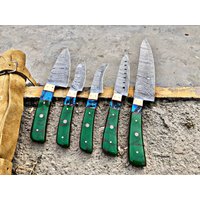 Damaszener Stahl Küchenmesser Set, Harz Blatt 5 Teilig Hand Geschmiedet Kochmesser Set Mit Leder Roll Kit, Geschenk Für Sie, Ihn von CowboyBlade