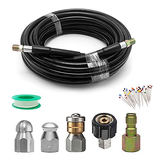 Cowhilan Hochdruckreiniger Schlauch 15M Rohrreinigungsschlauch 5800PSI 60 °C Rohrreinigungs set 1/4 Zoll NPT Rohrreiniger mit 5 Schraubkappen, für Hochdruckreiniger Kärcher k2-k7 von Cowhilan