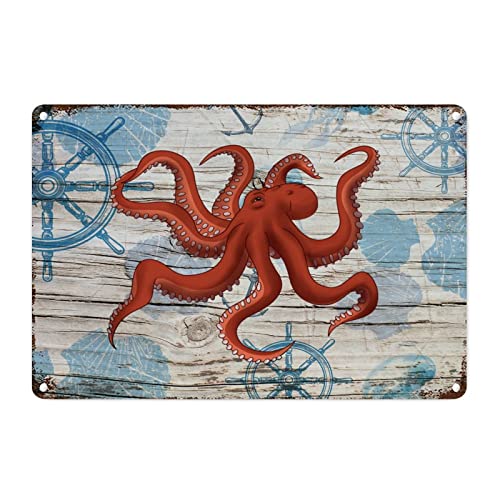 Coastal Retro Vintage Wandschild Strand Meer Leben Ozean Tier Oktopus Männer Höhle Schilder Welcome to The Beach Home Aluminium Metallschild Krabbe Schild für Veranda Waschküche 30,5 x 45,7 cm von CowkissSign