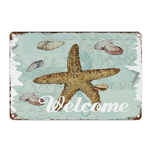 Coastal Rustikale Vintage Veranda-Schilder Welcome to Our Beach House Seestern Metallschild Let's Play Together Happy Summer Metall-Blechschild Wandschild Seepferdchen-Schild für Schlafzimmer, Hof, von CowkissSign