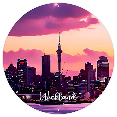 CowkissSign Sailing City Auckland Metall Blechschild Wandschild Städte in Neuseeland Aluminium Kunst Schilder Stadt Souvenir Geschenk Runde Wanddekoration Plaketten für Wohnzimmer Küche Veranda 22,9 von CowkissSign