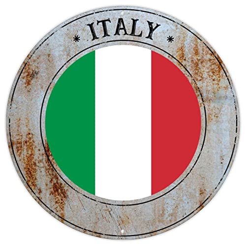 Italien Metallschild Wandkunst Italien Nationalflagge Retro Vintage Blechschild Land Souvenir Rundes Schild Qualität Metallschild für Veranda Küche Schlafzimmer 22,9 x 22,9 cm Einweihungsgeschenk von CowkissSign