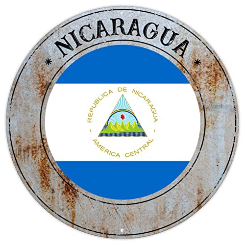 Nicaragua Metallschild Blechschild Nicaragua Nationalflagge Französisch Vintage Retro Metallschilder Land Souvenir Rundes Schild Qualität Metallschild für Waschküche Wohnzimmer 22,9 x 22,9 cm von CowkissSign