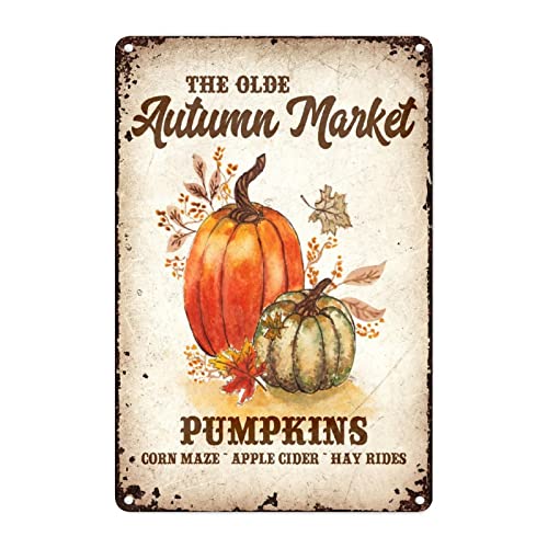 The Old Autumn Market Pumpkins Corn Metal Sign Wall Art Thanksgiving Decorations Metal Wall Sign Farmhouse Autumn Decor Fall Retro Aluminum Metal Signs for Bedroom Yard Garage Garden 20,3 x 30,5 cm von CowkissSign