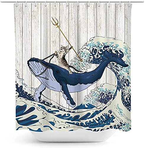 Coxila Lustiger Katzen-Duschvorhang, cooler Spaß, Reiten, Wal, Hai, Kinder, Ozean, japanische Meereswelle, Anime, niedlich, Cartoon, Tier, Fisch, 152 x 183 cm, Polyestergewebe, wasserdicht, 12 Stück von Coxila