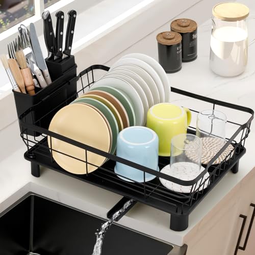 Cozary Abtropfgestell Geschirr mit 360° Drehbarem Auslauf, Geschirrabtropfgestell Carbonstahl mit Abtropfschale Besteckhalter, Platzsparendes Abtropfgestell für Küchentheke(43x33x15cm) von Cozary