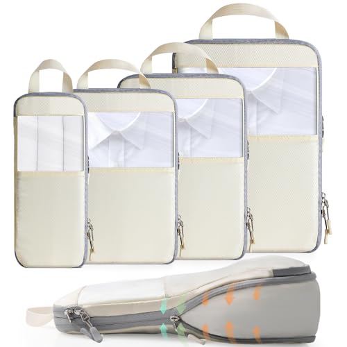 Cozary Koffer Organizer Packing Cubes Compression 4 Stück - Packwürfel mit hohem Fassungsvermögen, Travel Essentials Kofferorganizer FüR HandgepäCk Koffer Und Rucksack - Beige Cozary Koffer Organizer Packing Cubes Compression 4 Stück - Packwürfel mit hohem Fassungsvermögen, Travel Essentials Kofferorganizer FüR HandgepäCk Koffer Und Rucksack - Beige von Cozary