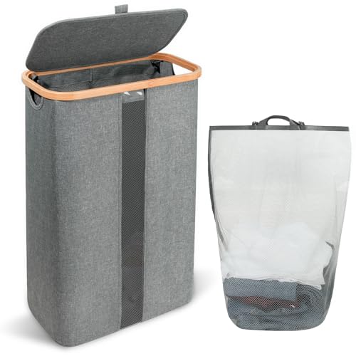 Cozary Wäschekorb mit Deckel 60L, Wäschekorb Schmal mit herausnehmbarer und waschbarer Innentasche, Wäschesammler Bambus, Wäschekörbe für Waschküche, Schlafzimmer, Badezimmer (Grau) von Cozary
