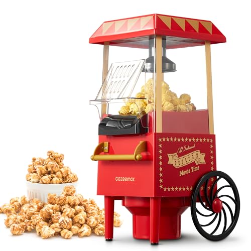 Popcornmaschine Retro, Cozeemax 1200W für Zuhause Popcornmaschine Maker mit Heissluft, Popcorn Machine ohne Fett Fettfrei Ölfrei, Eine-Taste-Operation, Popcorn Popper, Rot von Cozeemax