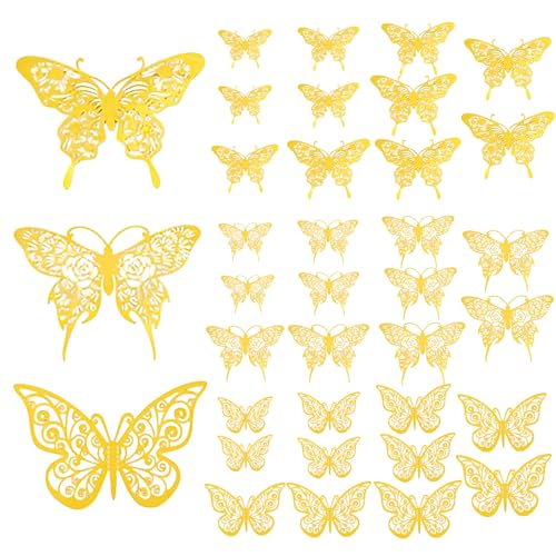 3D Schmetterlinge Gold metallic Deko, 36 Stück Schmetterlinge Dekoration Wandtattoo, für Mädchen Küche Fenster Möbel Hochzeit Party Wand-Tisch-Deko Geschenke Wohnzimmer Kinderzimmer Hochzeit(Gold) von Cozevdnt