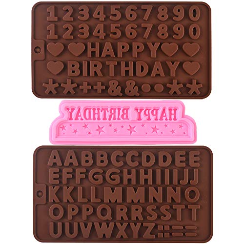 Cozihom Silikonform für Buchstaben, Zahlen und Happy Birthday Symbole für Schokolade und Kuchendekorationen, 3 Packungen von Cozihom