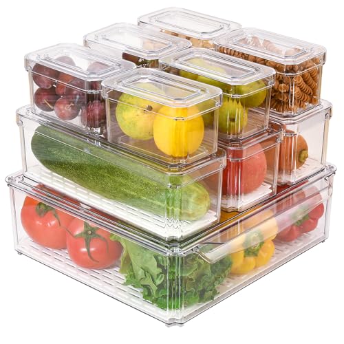 Cozihom Stapelbare Kühlschrank-Organizer-Behälter mit Deckel, Kühlschrank-Aufbewahrungsbehälter, Vorratsbehälter aus Kunststoff für Obst, Gemüse, Lebensmittel, Dosen, mit Abtropfschale, 10er-Set von Cozihom