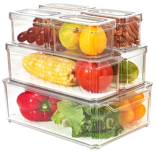 Cozihom Stapelbare Kühlschrank-Organizer-Behälter mit Deckel, Kühlschrank-Aufbewahrungsbehälter, Vorratsbehälter aus Kunststoff für Obst, Gemüse, Lebensmittel, Dosen, mit Abtropfschale, 7er-Set von Cozihom
