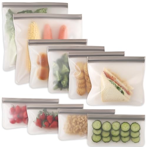 Cozihom Wiederverwendbare Gefrierbeutel mit Reißverschluss, auslaufsicher und wiederverwendbar, zum Marinieren von Fleisch, Obst, Sandwiches, Snacks, Organisation von Lebensmitteln, 10 Stück von Cozihom