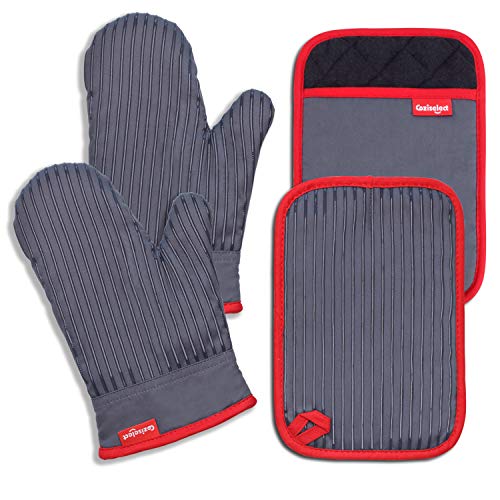 Coziselect Ofenhandschuhe, Hitzebeständige Topfhandschuhe und Topflappen Set, Silikon Anti-Rutsch Design, Geeignet für Kochen, Backen, Grillen, Grau von Coziselect