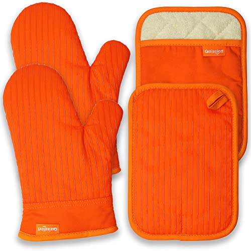 Coziselect Ofenhandschuhe, Hitzebeständige Topfhandschuhe und Topflappen Set, Silikon Anti-Rutsch Design, Geeignet für Kochen, Backen, Grillen, Orange von Coziselect