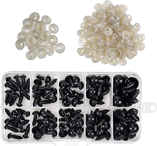 100Pcs Sicherheitsaugen für Häkeltiere, 6mm/8mm/9mm/10mm/12mm Kunststoff Puppenaugen Bastel Augen mit Unterlegscheiben, knopfaugen zum annähen für Plüschtiere, Kuscheltiere, Puppe, Amigurumi (Schwarz) von Cozlly