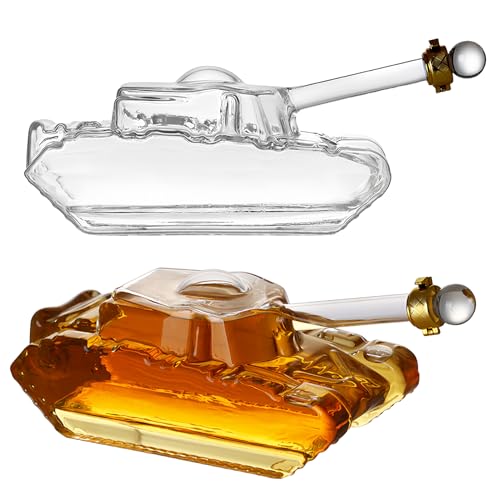 Cozlly 1000 ml Panzer Karaffe,Whisky Karaffe,Weinkaraffe in Panzerform,Whisky Geschenkset mit Gläsern,Glaskaraffe mit Verschluss,Tankförmige Dekanter,Geschenke für Männer von Cozlly