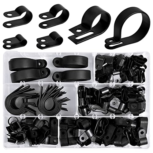 Cozlly 200 Stück Nylon Kabelklemme, Schwarze Nylon R Clips, Schlauchbefestigung P-Typ Klemmen, Drahtklemmen Kabelklemmen Sortimentskit mit Aufbewahrungskoffer für Kabeln, Leitungen und Schläuchen von Cozlly