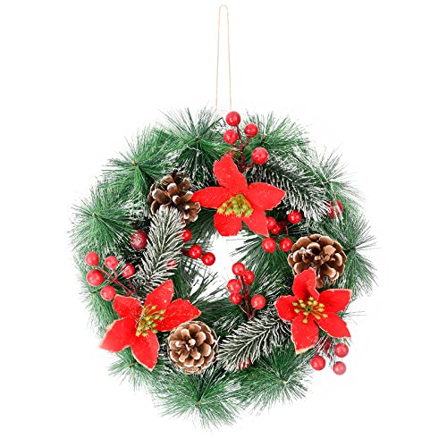 Cozlly 32CM Weihnachtskranz für Haustür, Türkranz Weihnachten Künstlich Tannenkranz Adventskranz mit Roten Beeren, Tannenzapfen und Weihnachtsblumen für Dinnen und Draußen Kamin und Wanddekoration von Cozlly