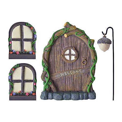 Cozlly Gartendeko Wichteltür, 4 Stück Miniatur Gartendeko mit Feentür, Fenster und Lampe, Harz Elfentür Hängende, Glow in The Dark Miniatur Feentür für Outdoor Bäumedekoration Patio Yard Deko von Cozlly