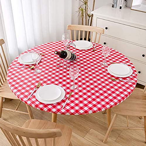 Cozomiz Elastische Runde Tischdecke Gartentischdecke Rundtischdecke wasserdichte rutschfeste Abwischbar Schmutzabweisend Tischdecke für Esszimmer, Küche und Picknick 95cm-110cm Kattun Rot von Cozomiz