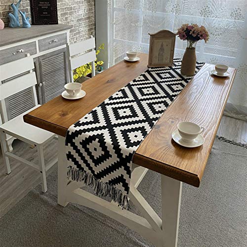 Cozomiz Leinen Geometrisch Tischläufer mit Quaste Esstisch Flaggen Restaurant Stickerei Tischläufer Dekoriert Hochzeit Tischband Tischdekoration 32x160cm Schwarz von Cozomiz