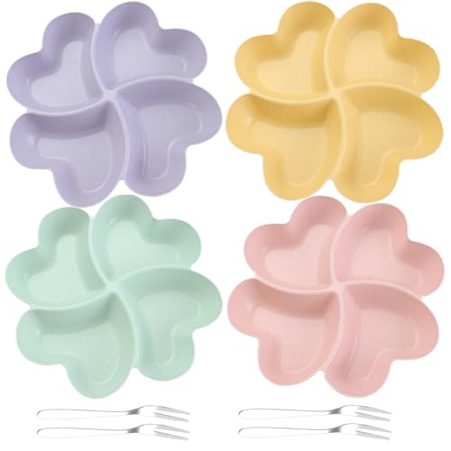 Coztie Snackteller mit 4 Fach Fächern, 4 Stück Herzförmige Snackteller mit 4 Fruchtgabel Aus Edelstahl Wiederverwendbar Snackschale für Familie Esszimmer Lagerung Frucht Snack 21,5 x 3,2 cm 4 Farben von Coztie