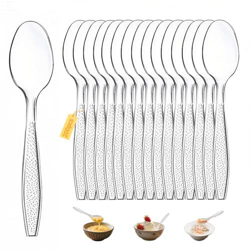 Plastikbesteck, Party Besteck Plastik, Plastik Plastiklöffel Party Besteck Wiederverwendbar für Familie Partys Geburtstagsfeiern Hochzeiten (Transparent, 200 Stück Plastiklöffel) von Coztie