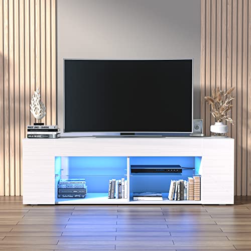 Cozy Castle TV Schrank Hochglanz für Fernseher bis zu 65 Zoll, TV Lowboard mit LED-Leuchten und Glasregal, 145x50x40cm, Weiß von Cozy Castle