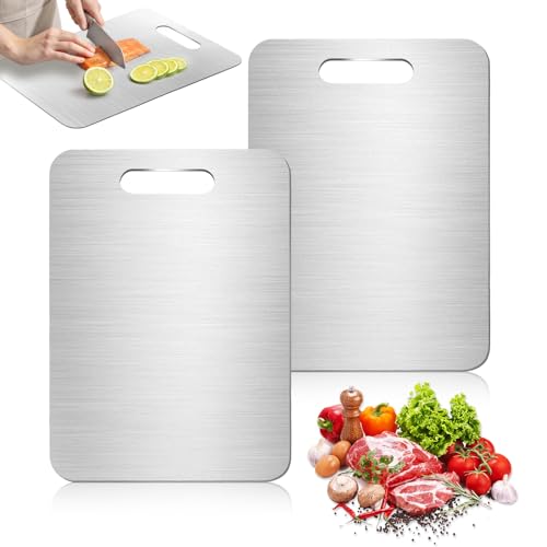 2 Stück Titan Schneidebrett Set, Stainless Steel Cutting Board, Doppelseitiges Lebensmittel Grade Schneidebrett Leicht Zu Reinigen Edelstahl Für Fleisch, Brot, Gemüse & Obst von Cozy Inviting
