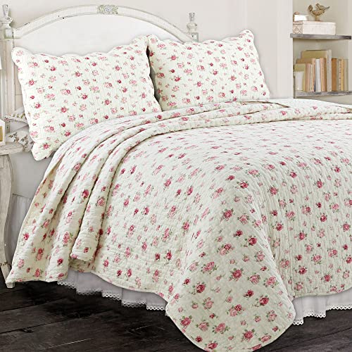 Cozy Line Home Fashions Pink Rose Garden Floral 100% Baumwolle Wendedecke Tagesdecke Steppdecke Bettwäsche-Set (Elfenbeinfarbene Rose, Queen-Size-Bett – 3-teilig) von Cozy Line Home Fashions